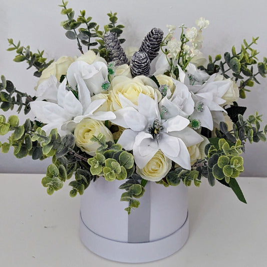 Winter White Stunning Silk Flowers Hat Box