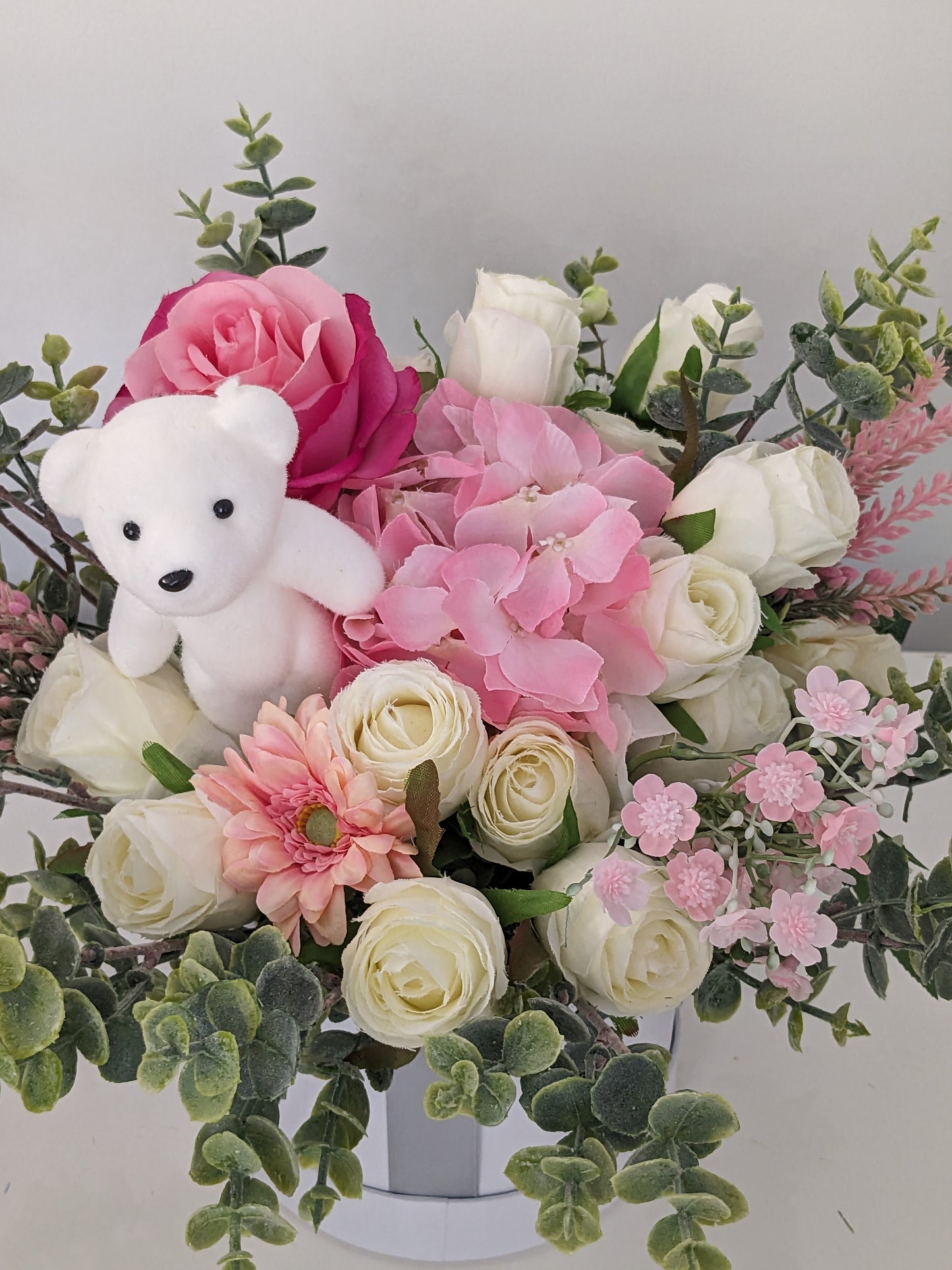 Baby Girl Silver & Pink Stunning Silk Flowers Hat Box