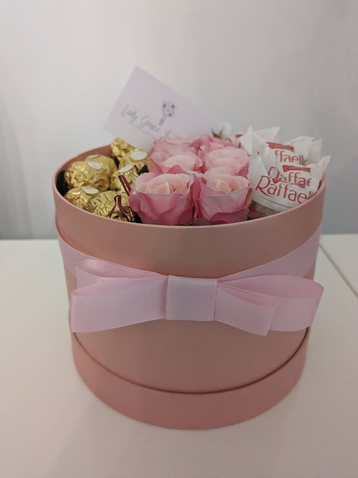 Pink Ferrero & Rafaello Hat Box Silk Flowers Gift - Medium