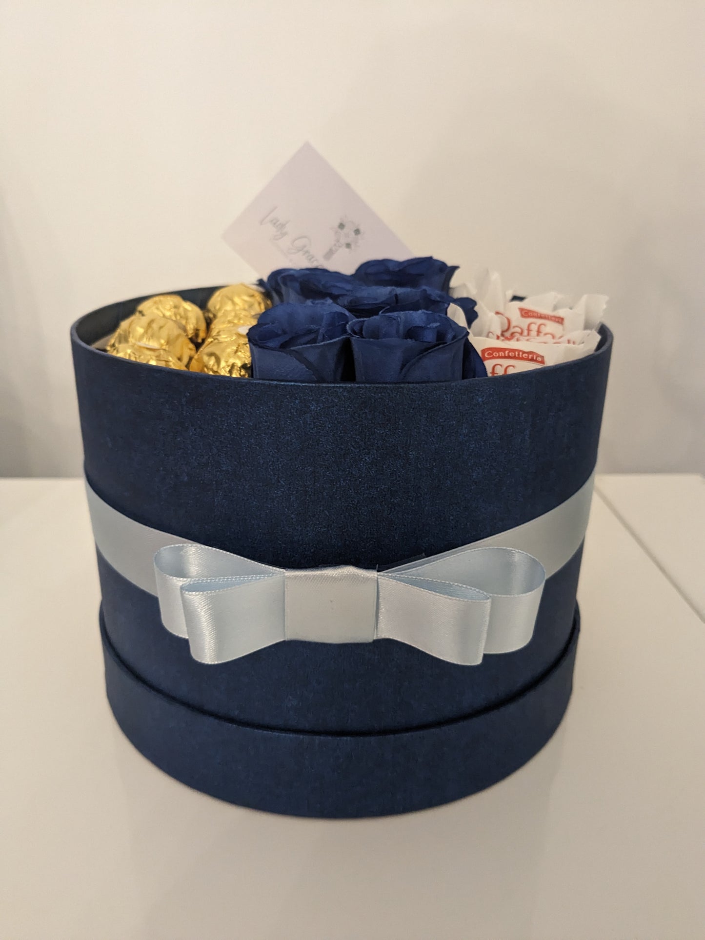 Blue Ferrero & Rafaello Hat Box Silk Flowers Gift - Medium
