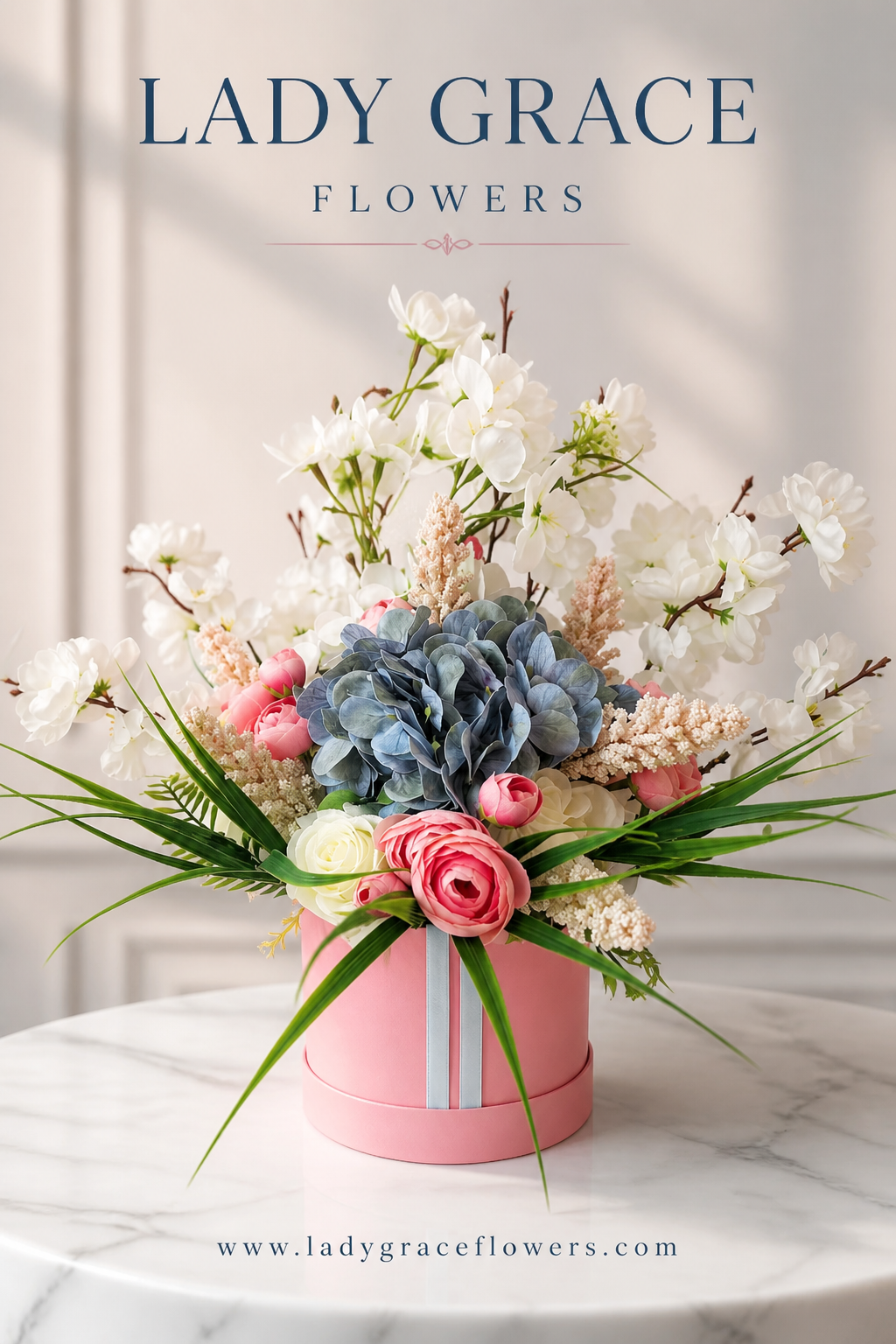 Pink & Blue Stunning Silk Flowers Hat Box
