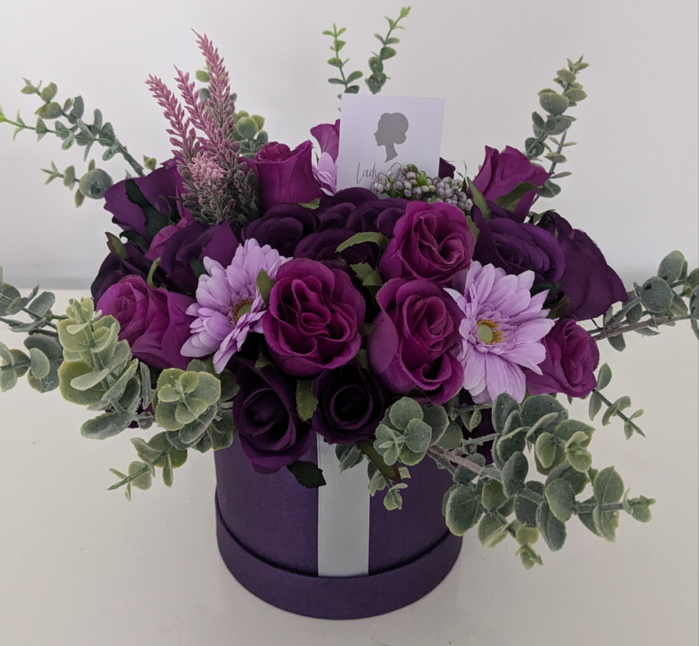 Dark Purple Stunning Silk Flowers Hat Box