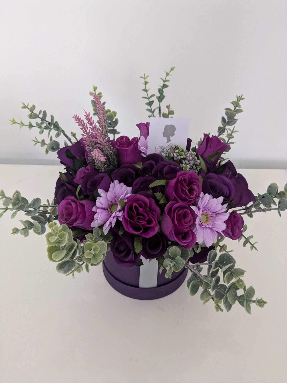 Dark Purple Stunning Silk Flowers Hat Box