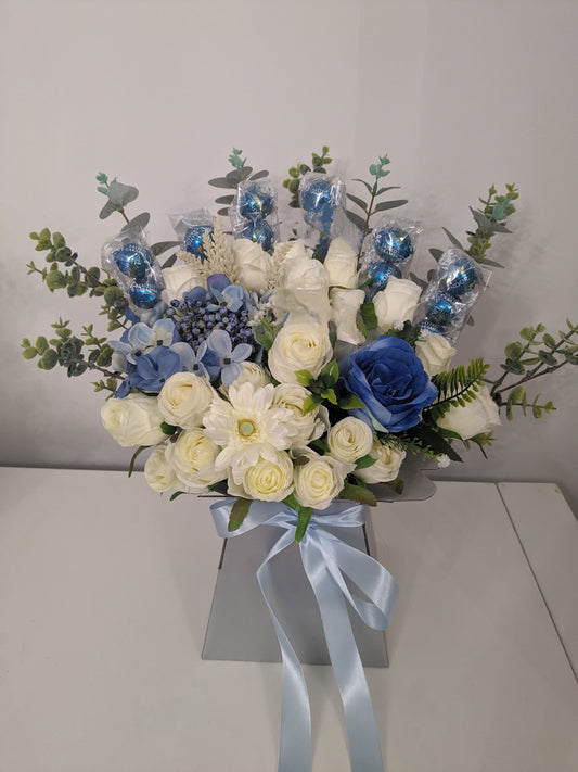 Lindt Lindor Silver & Blue Stunning Silk Flowers Bouquet Gift