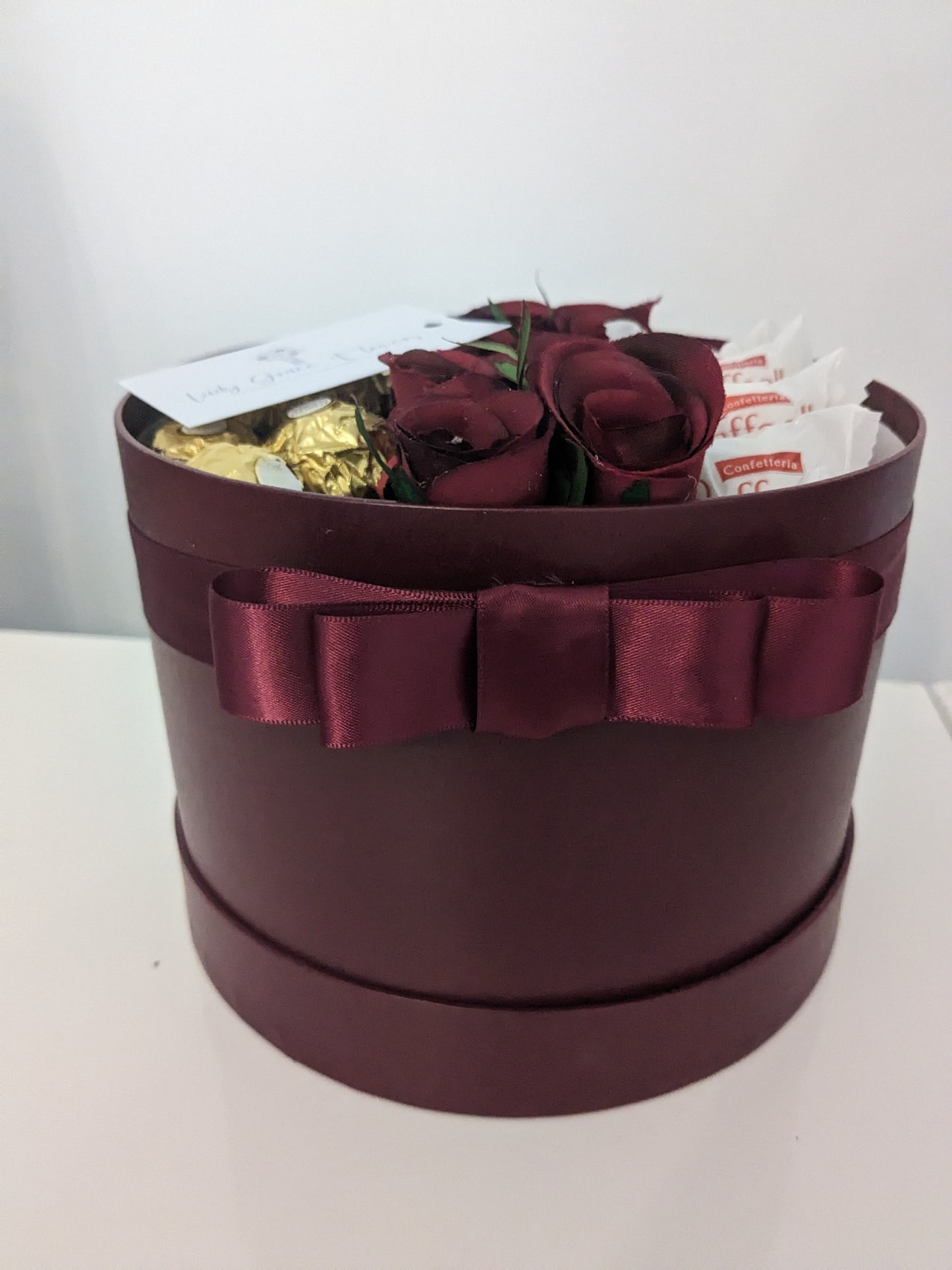 Burgundy Ferrero & Raffaello Hat Box Silk Flowers Gift - Medium