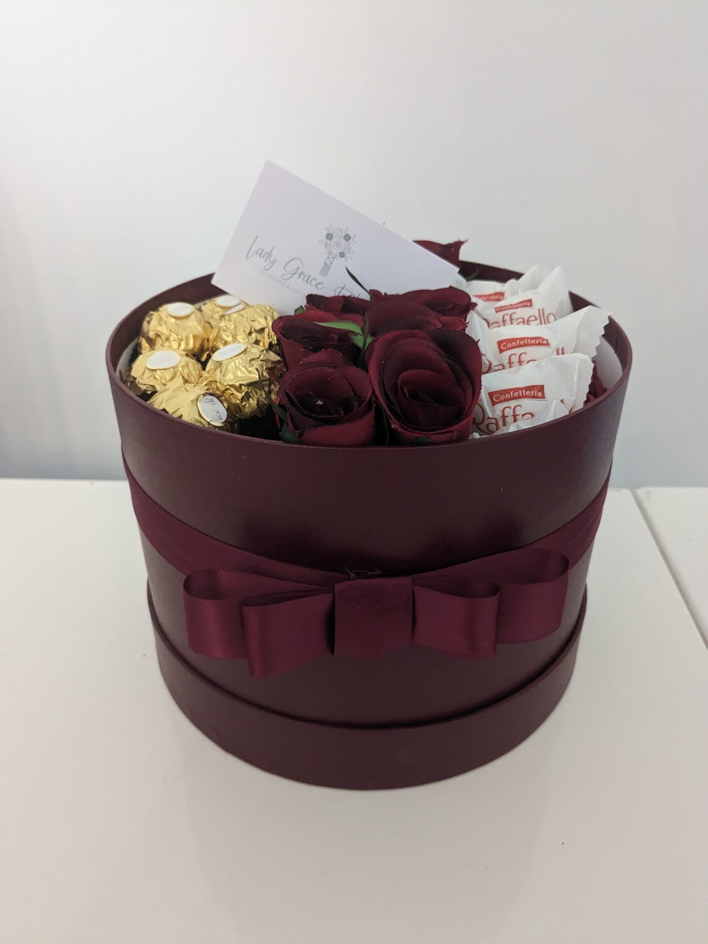 Burgundy Ferrero & Raffaello Hat Box Silk Flowers Gift - Medium