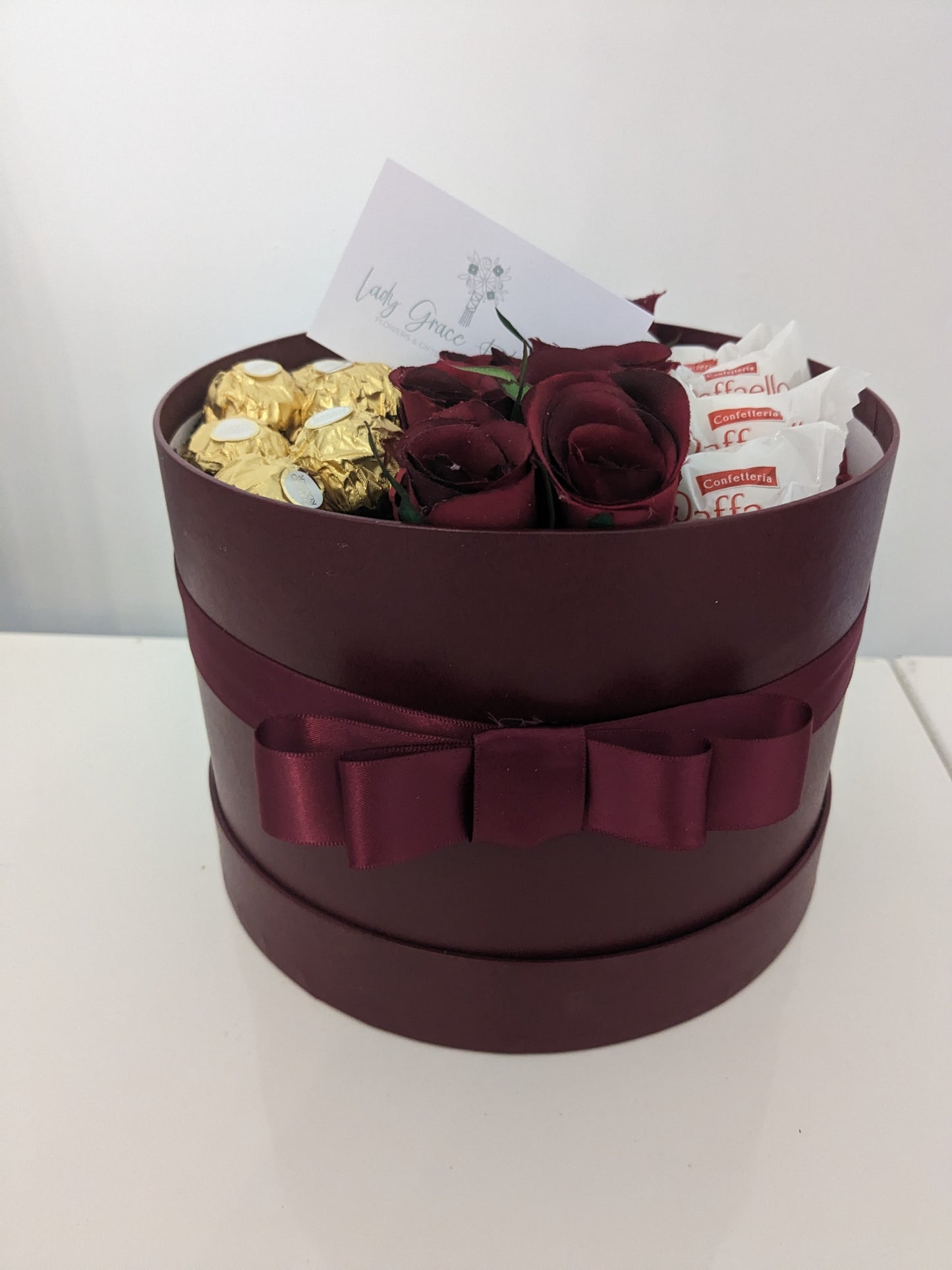 Burgundy Ferrero & Raffaello Hat Box Silk Flowers Gift - Medium