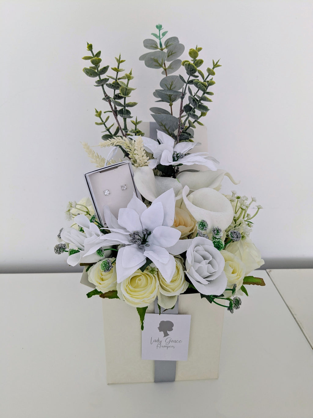 Winter White Earrings Box of Joy Silk Flowers Gift Hamper
