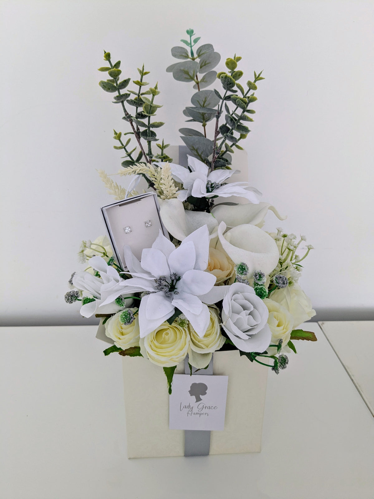 Winter White Earrings Box of Joy Silk Flowers Gift Hamper