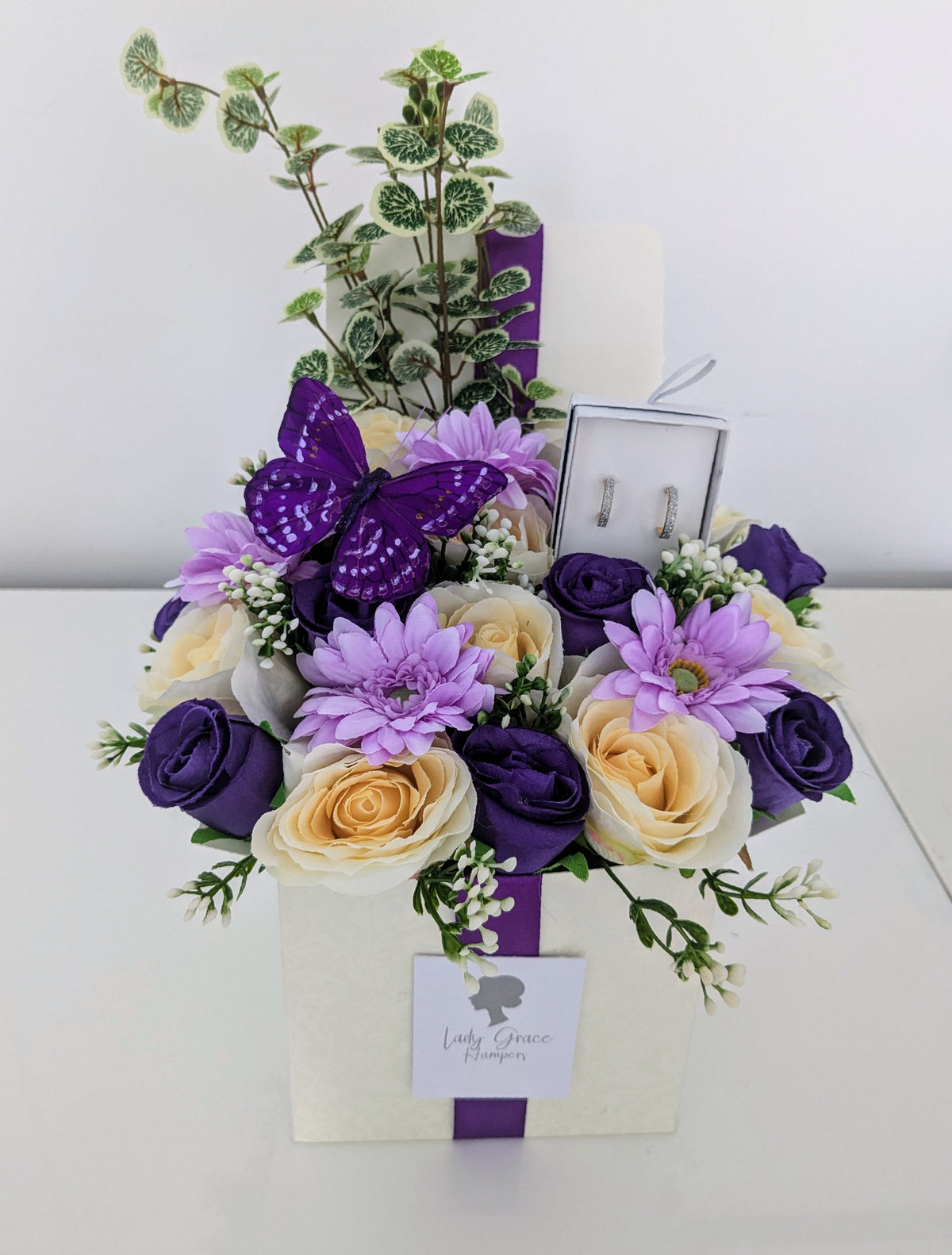 Purple Butterfly Earrings Box of Joy Silk Flowers Gift Hamper