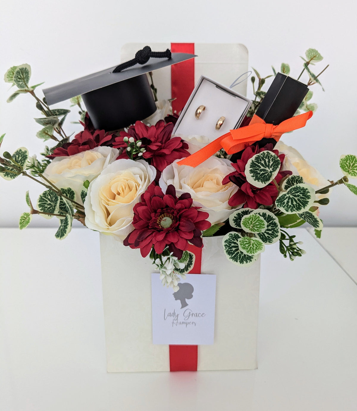 Graduation Red Earrings Box of Joy Silk Flowers Gift Hamper