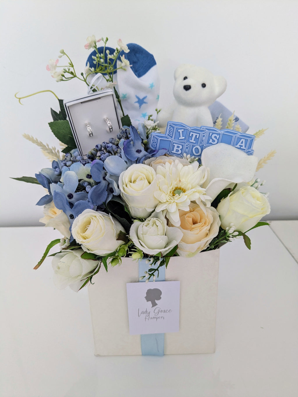 Baby Boy Earrings Box of Joy Silk Flowers Gift Hamper