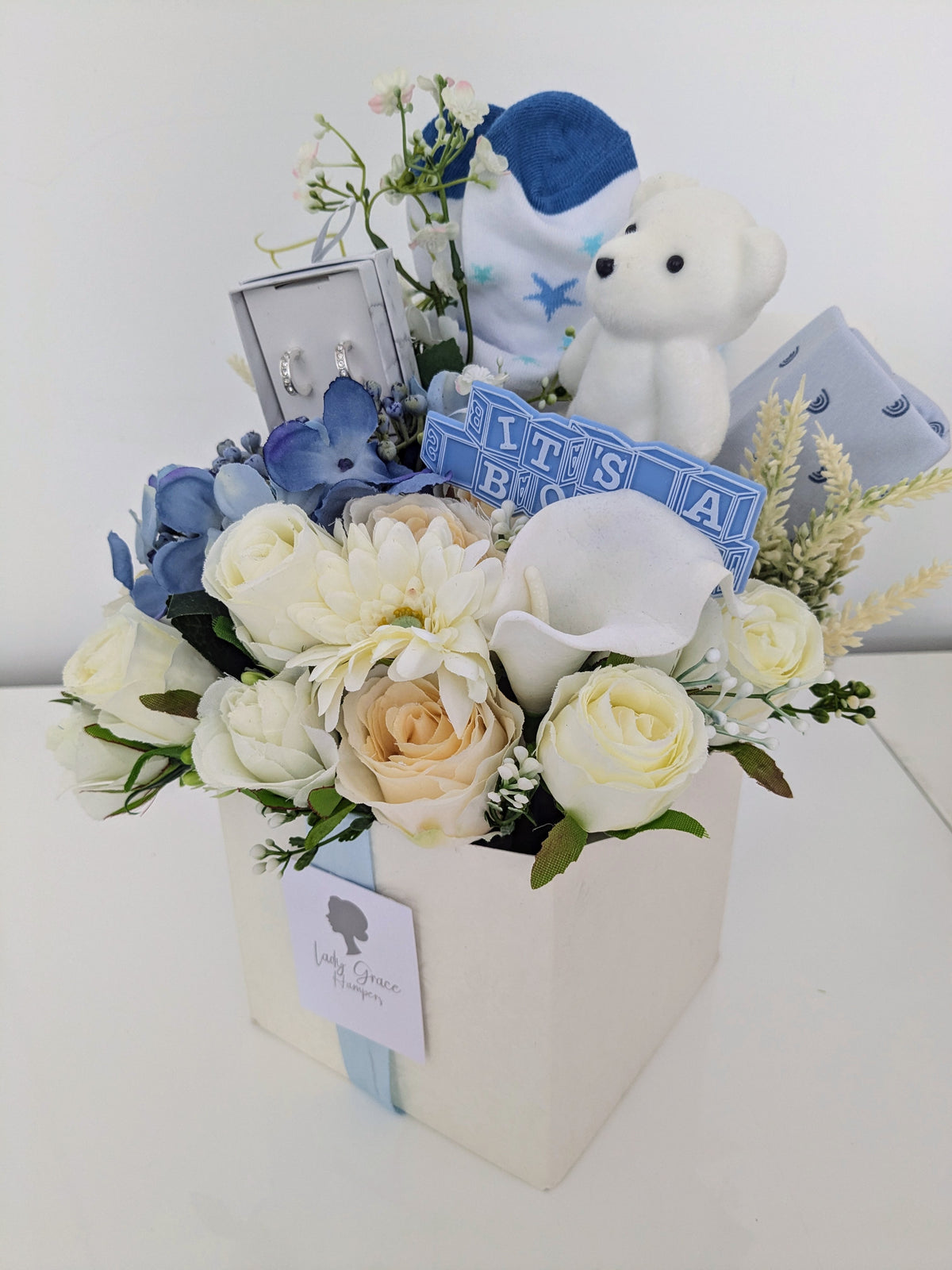 Baby Boy Earrings Box of Joy Silk Flowers Gift Hamper