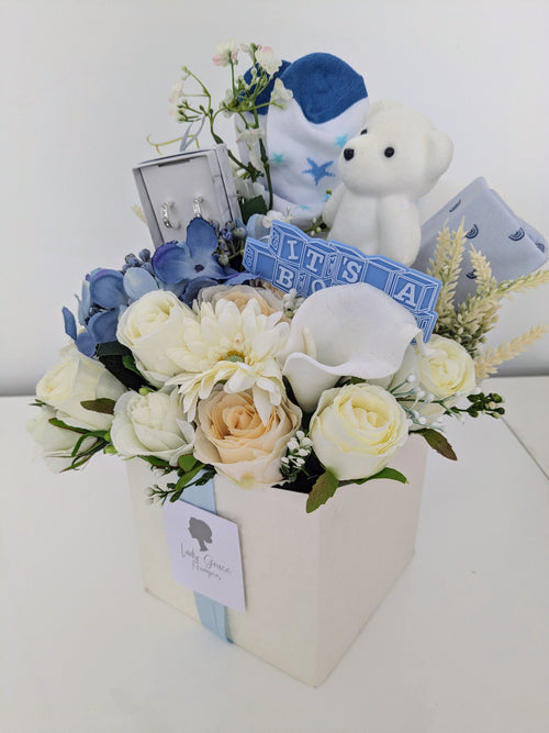Baby Boy Earrings Box of Joy Silk Flowers Gift Hamper