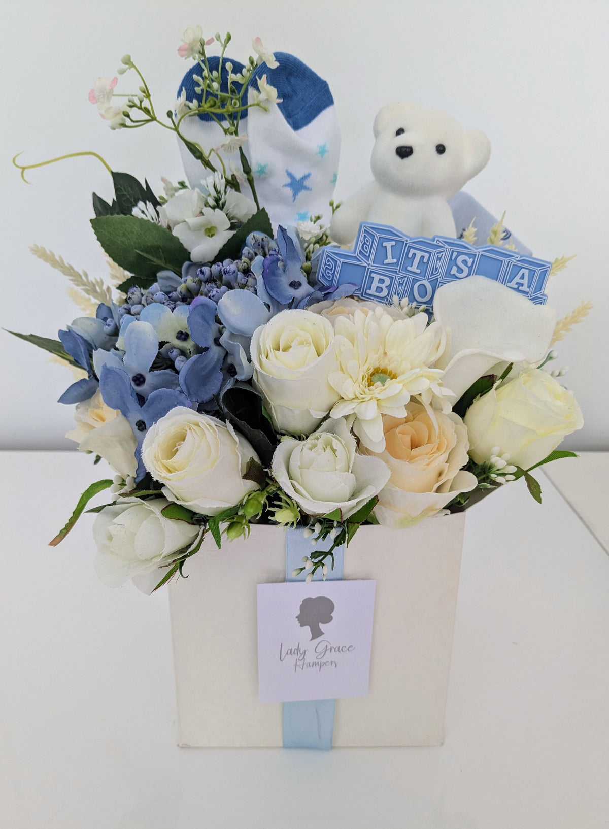 Baby Boy Box of Joy Silk Flowers Gift Hamper