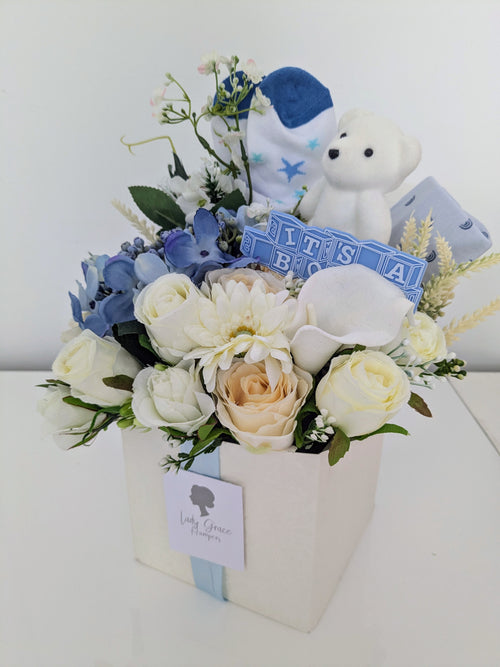 Baby Boy Box of Joy Silk Flowers Gift Hamper