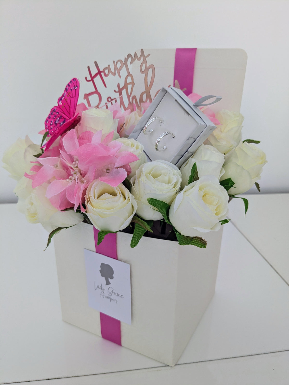 Birthday Pink Butterfly Box of Joy Silk Flowers Earrings Gift Hamper