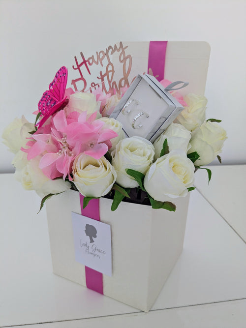 Birthday Pink Butterfly Box of Joy Silk Flowers Earrings Gift Hamper