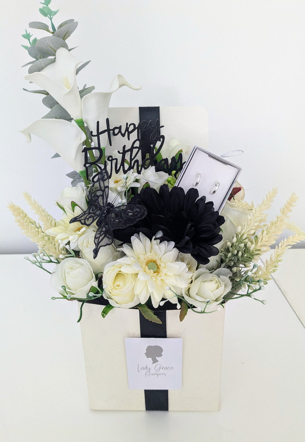 Birthday Black Box of Joy Silk Flowers Earrings Gift Hamper