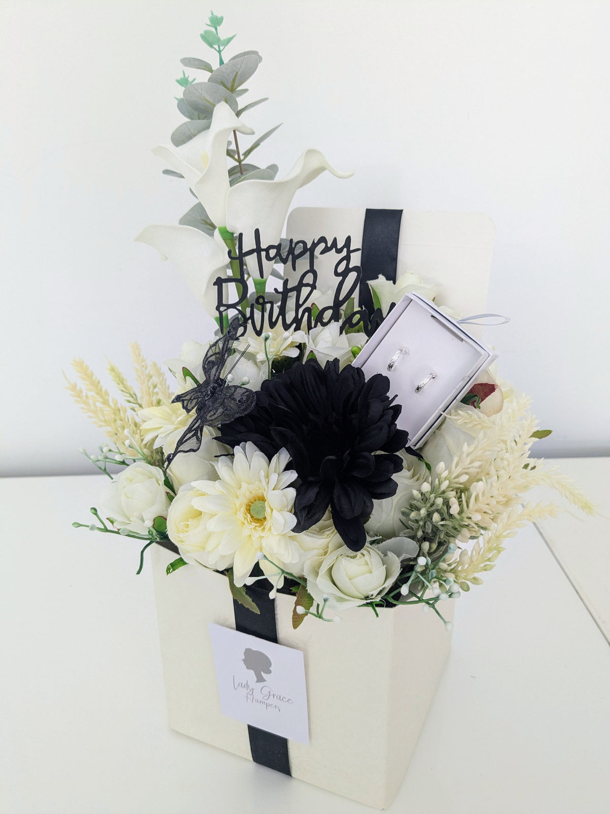 Birthday Black Box of Joy Silk Flowers Earrings Gift Hamper
