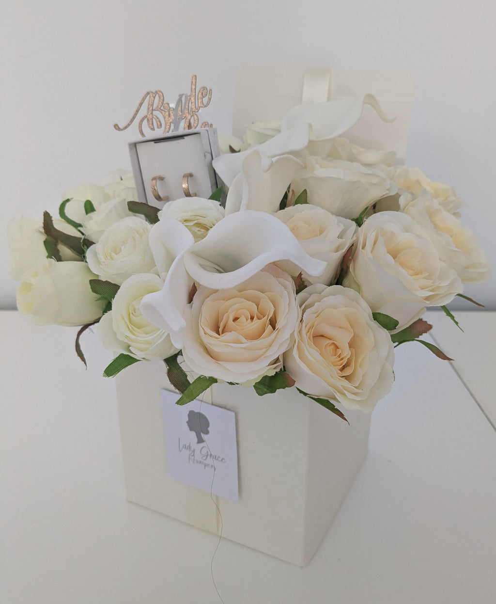 Bride to Be Cream Candle Box of Joy Silk Flowers Earrings Gift Hamper