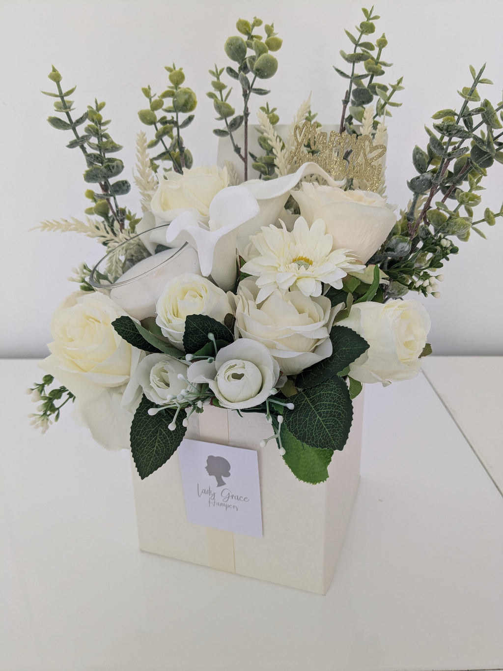 Anniversary Cream Candle Box of Joy Silk Flowers Earrings Gift Hamper