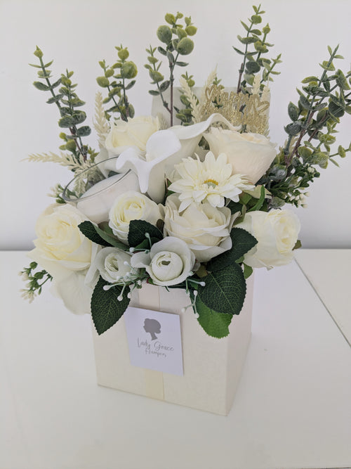 Anniversary Cream Candle Box of Joy Silk Flowers Earrings Gift Hamper