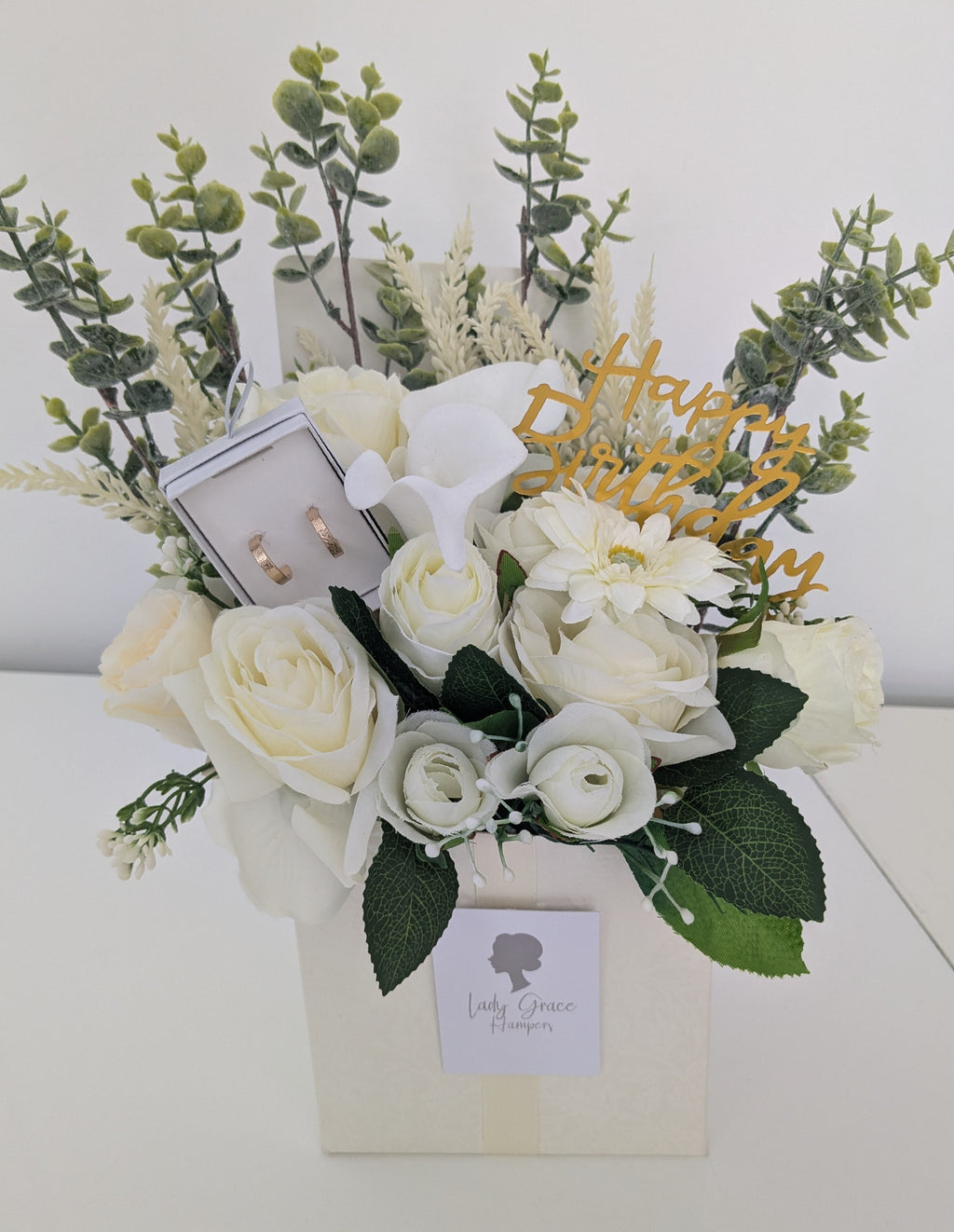 Birthday Cream  Box of Joy Silk Flowers Earrings Gift Hamper