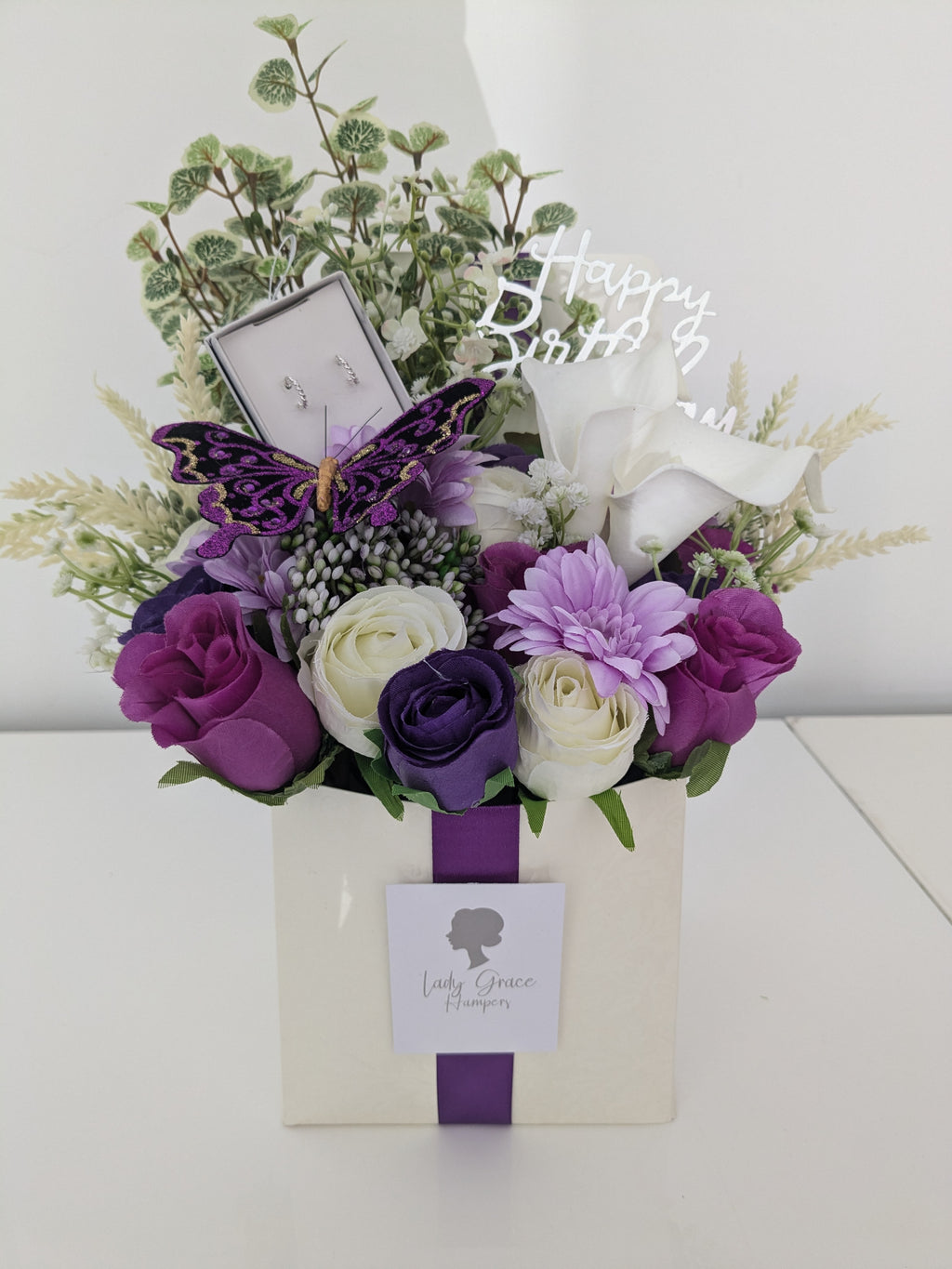 Birthday Purple Butterfly Earrings Box of Joy Silk Flowers Earrings Gift Hamper