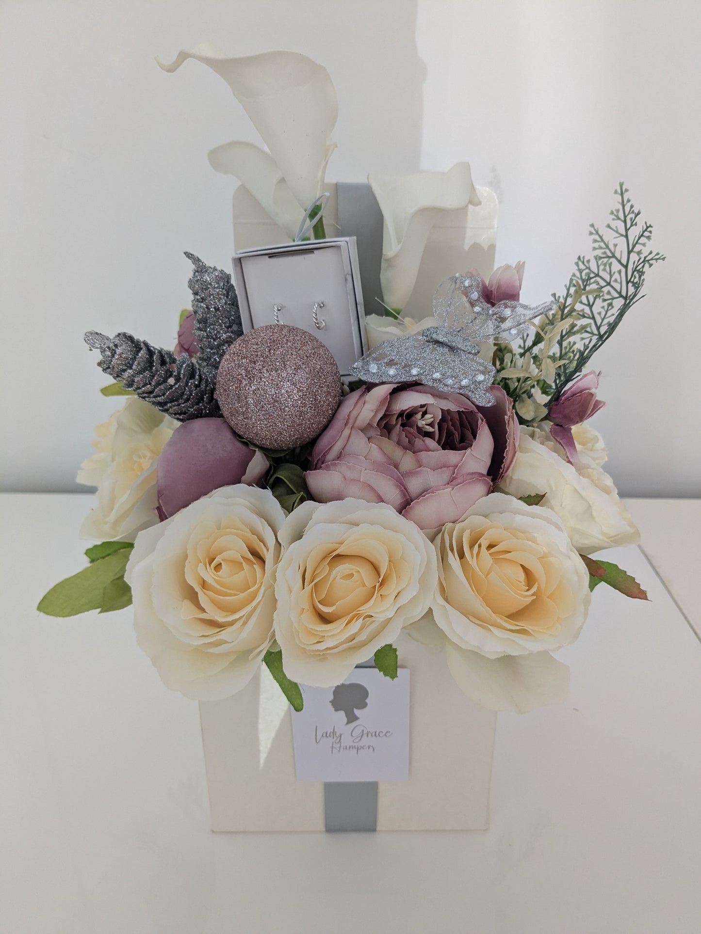 Sparkly Cream and Pink Earrings Box of Joy Silk Flowers Earrings Gift Hamper
