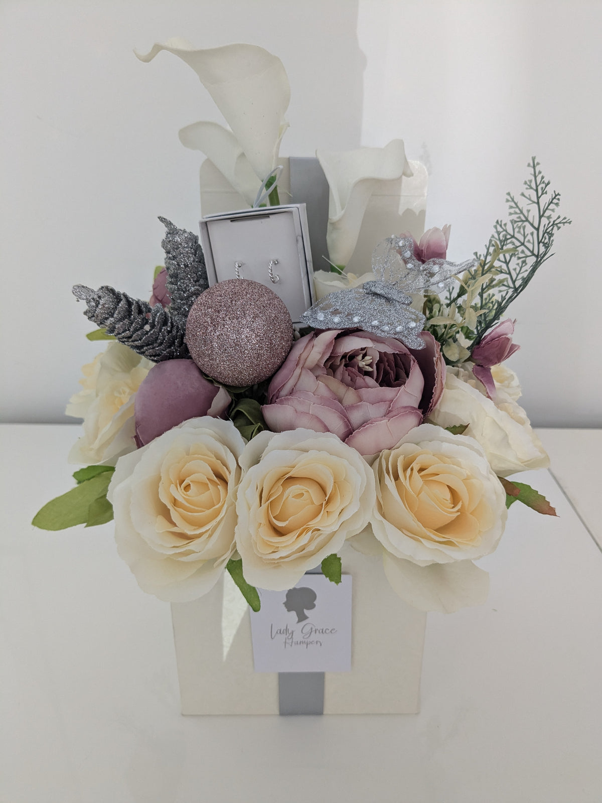 Sparkly Cream and Pink Earrings Box of Joy Silk Flowers Earrings Gift Hamper