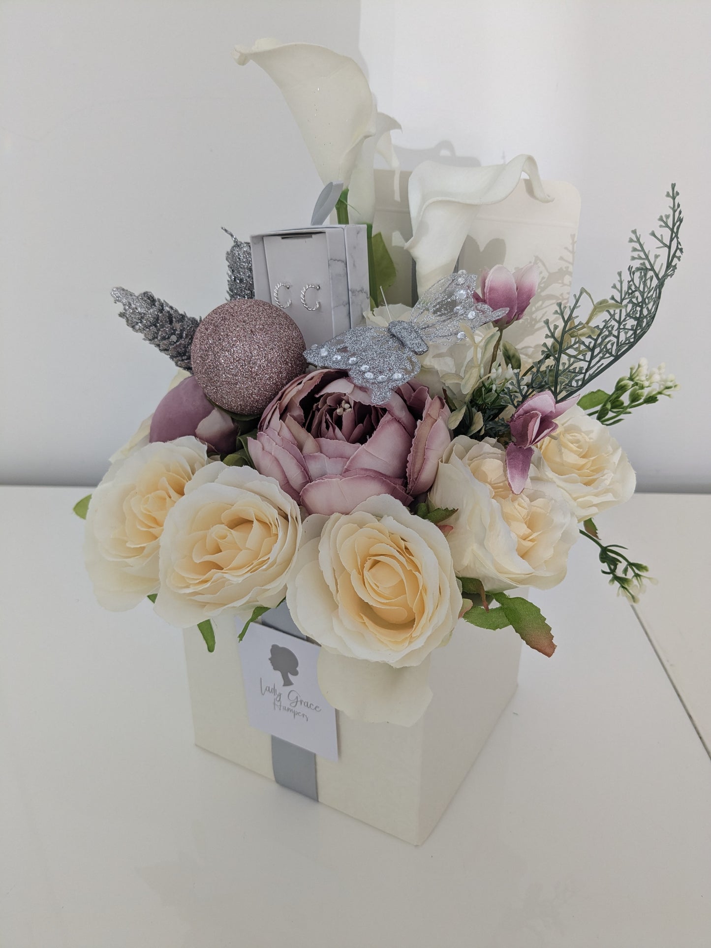 Sparkly Cream and Pink Earrings Box of Joy Silk Flowers Earrings Gift Hamper