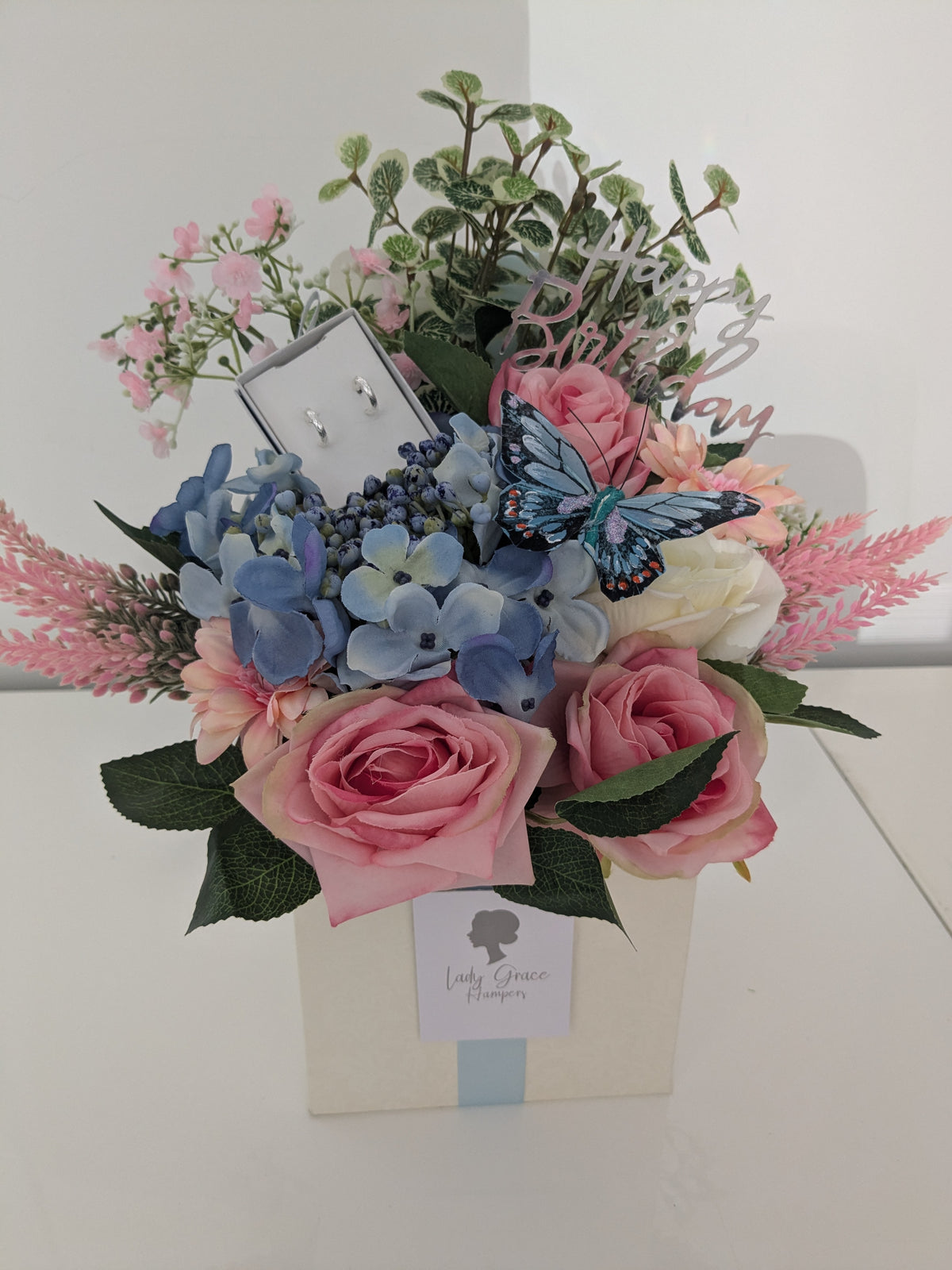Birthday Blue and Pink Earrings Box of Joy Silk Flowers Earrings Gift Hamper