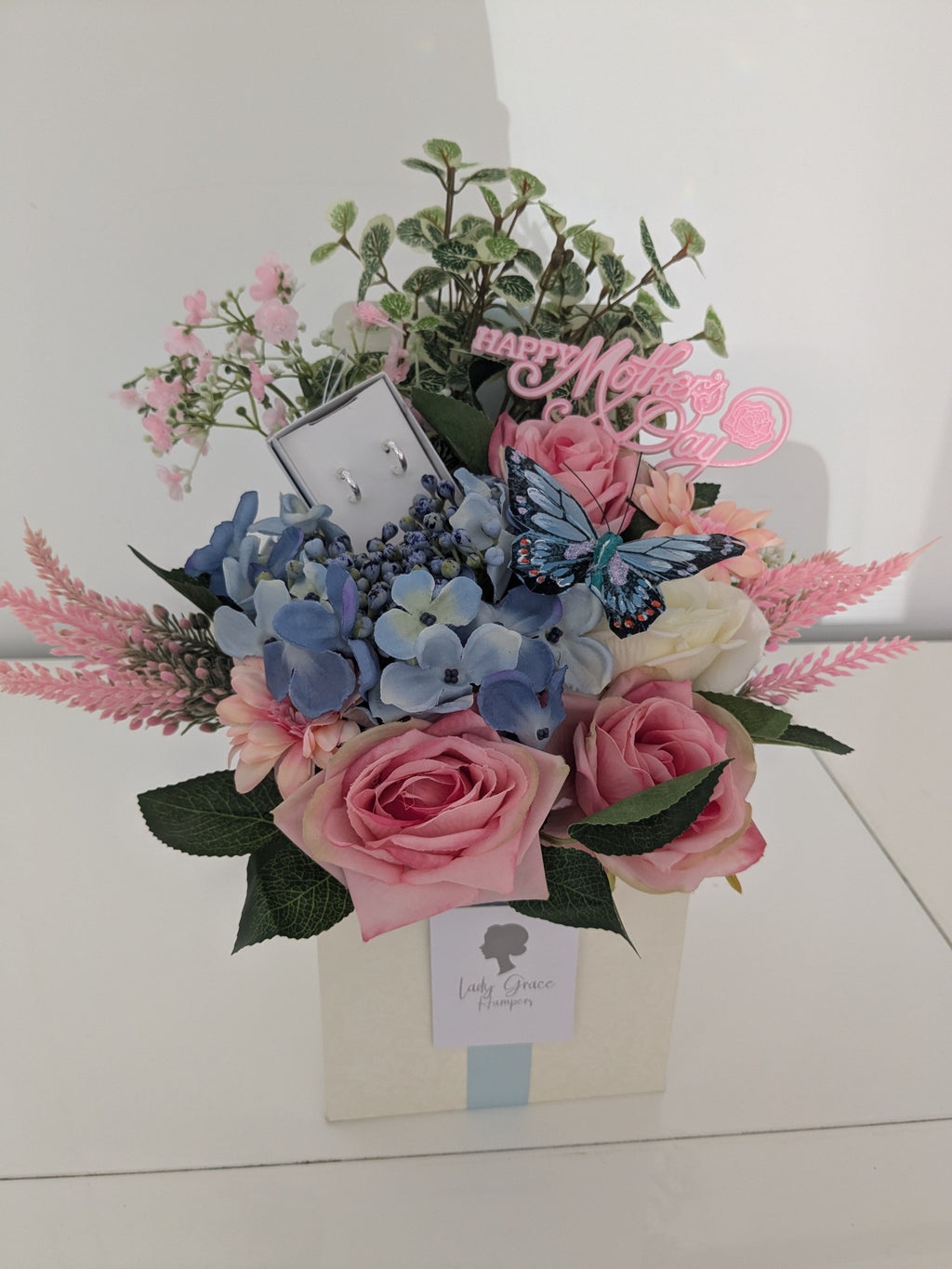 Mother's Day Blue and Pink Earrings Box of Joy Silk Flowers Earrings Gift Hamper