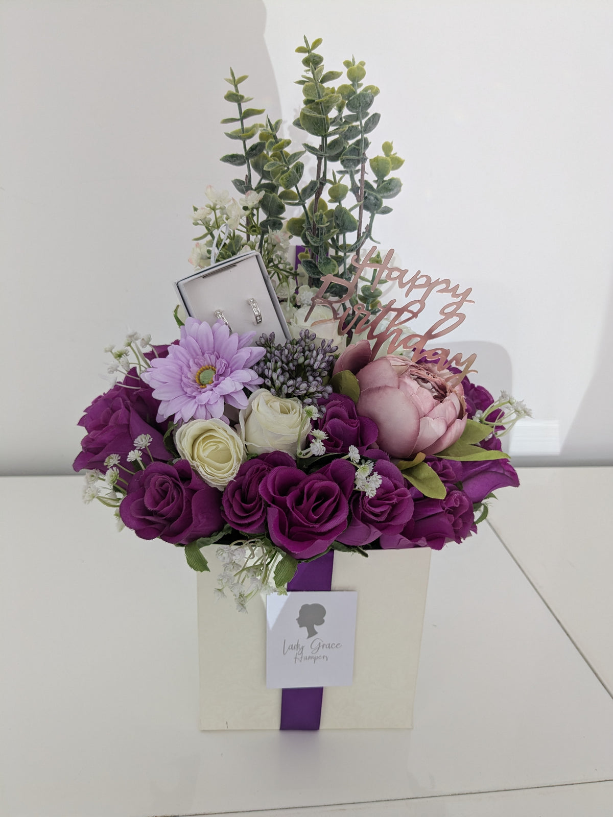 Birthday Purple Peony Earrings Box of Joy Silk Flowers Earrings Gift Hamper