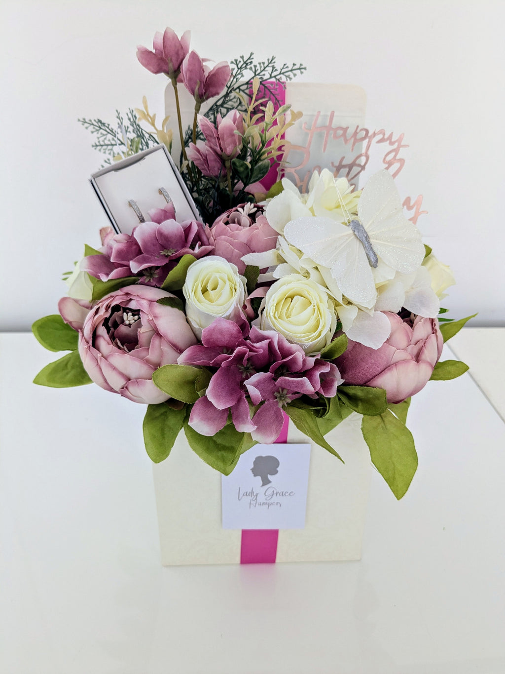 Birthday Mauve Earrings Box of Joy Silk Flowers Earrings Gift Hamper