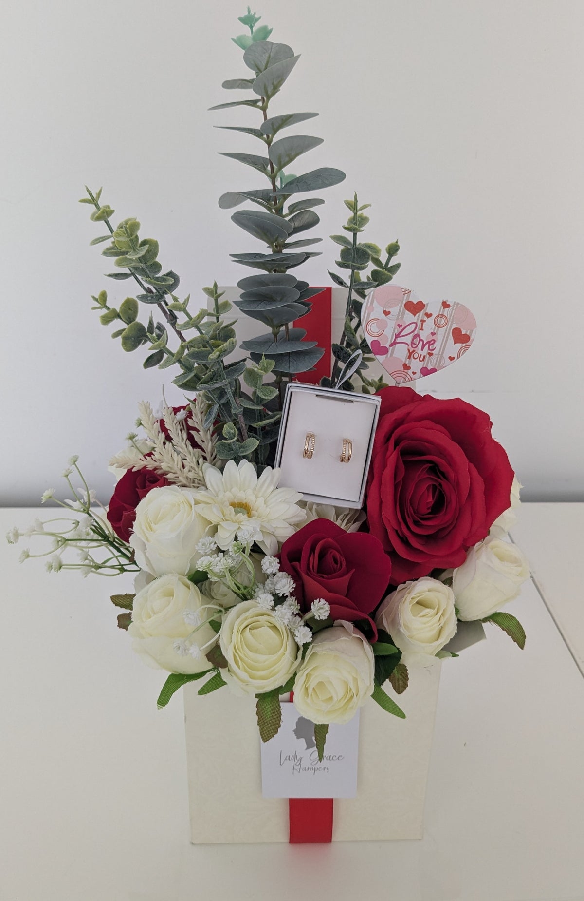 I Love You Red Earrings Box of Joy Silk Flowers Earrings Gift Hamper