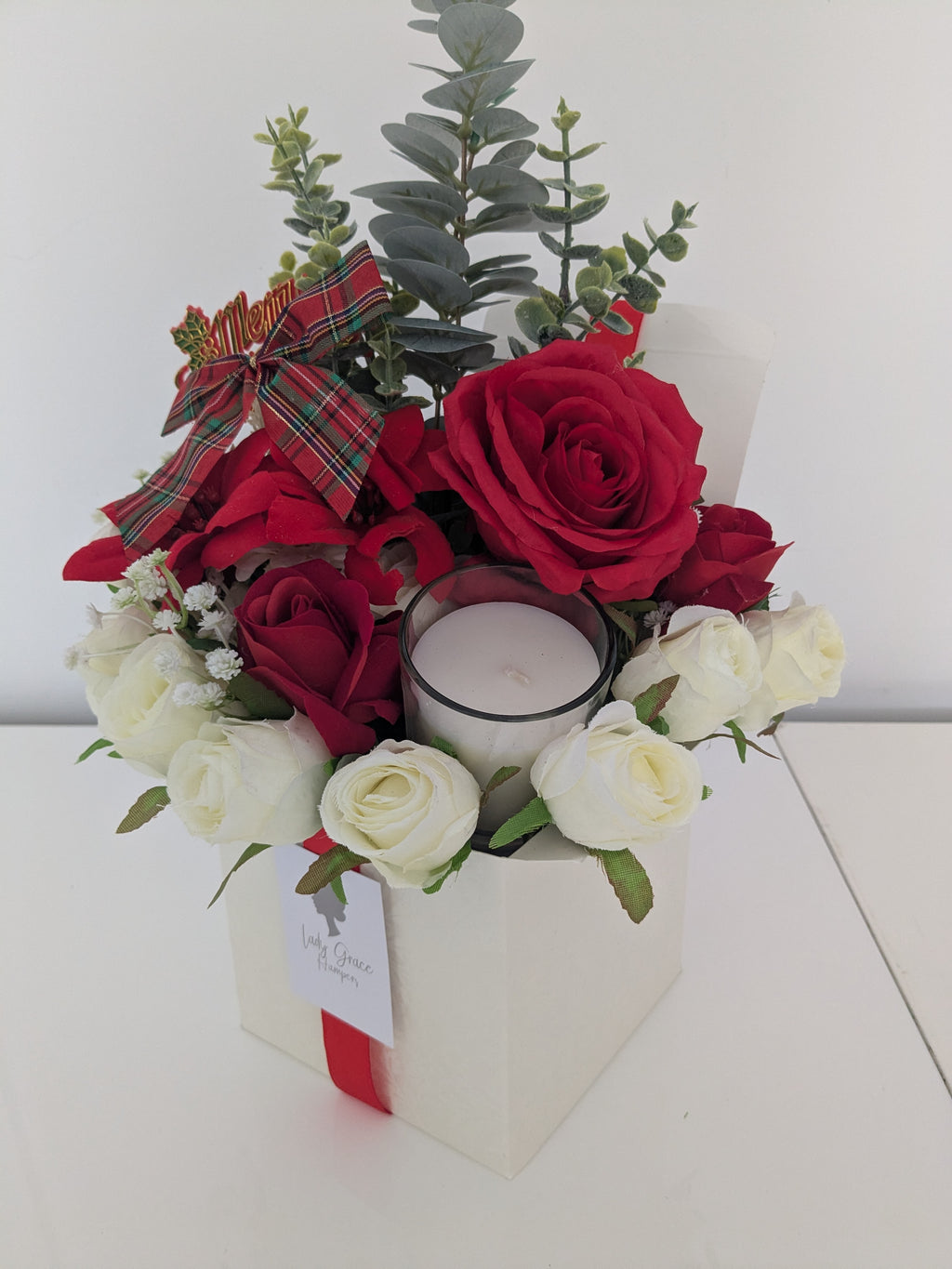Christmas Candle Box of Joy Silk Flowers Earrings Gift Hamper