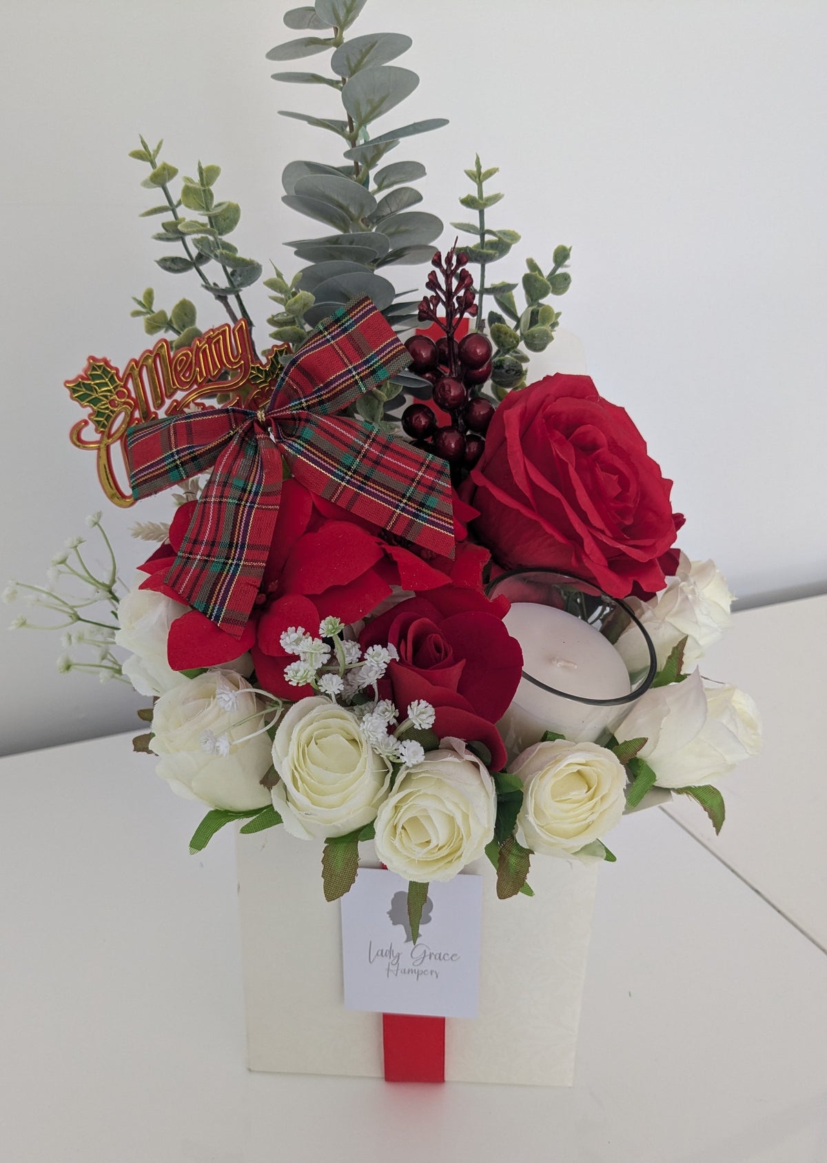 Christmas Candle Box of Joy Silk Flowers Earrings Gift Hamper