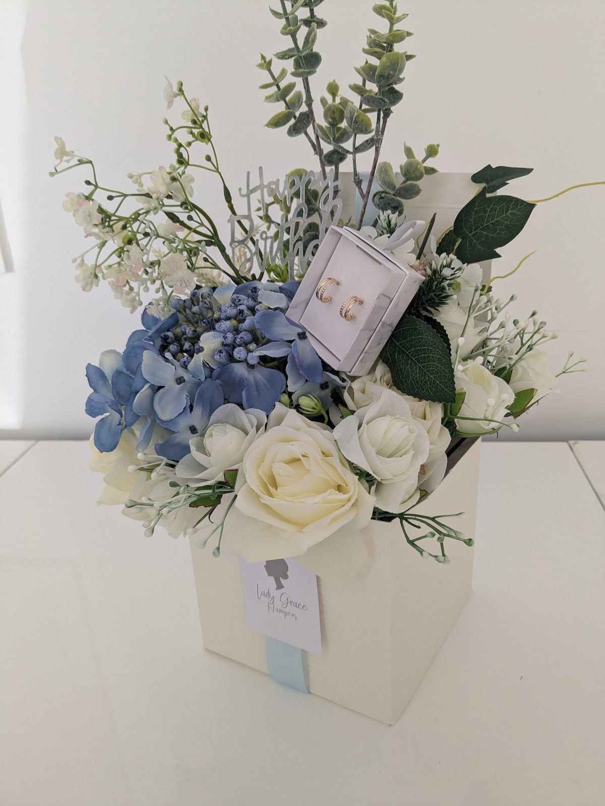 Birthday Blue Box of Joy Silk Flowers Earrings Gift Hamper