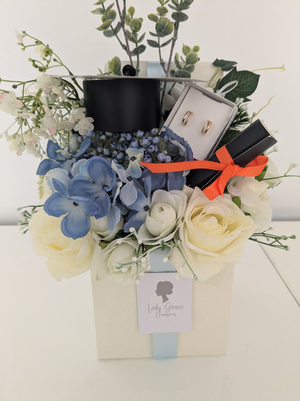 Graduation Blue Box of Joy Silk Flowers Earrings Gift Hamper