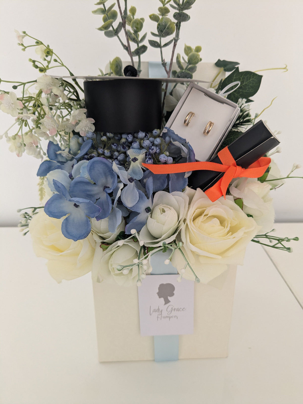 Graduation Blue Box of Joy Silk Flowers Earrings Gift Hamper
