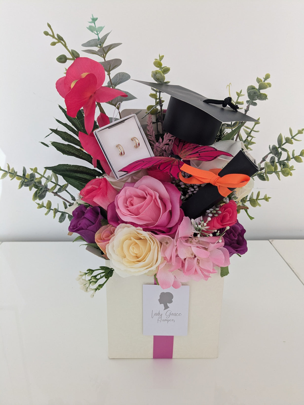 Graduation Bright Pink Box of Joy Silk Flowers Earrings Gift Hamper