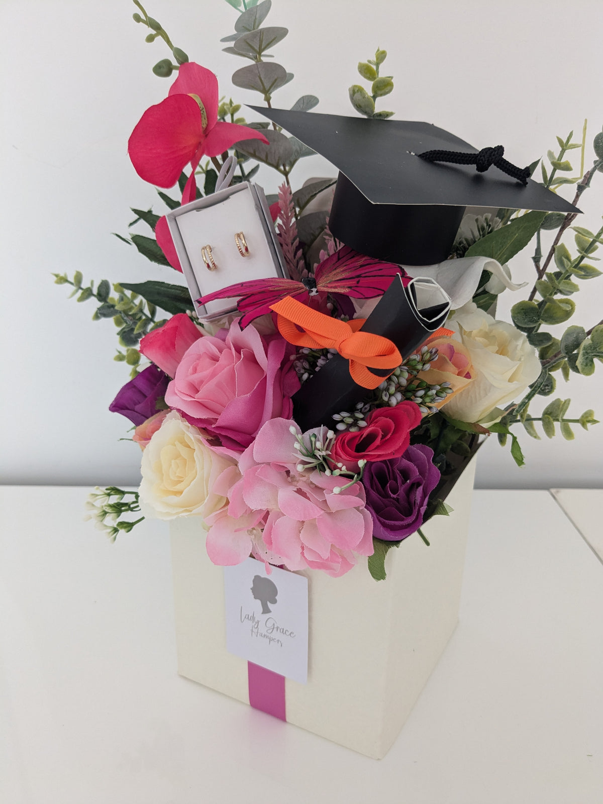 Graduation Bright Pink Box of Joy Silk Flowers Earrings Gift Hamper