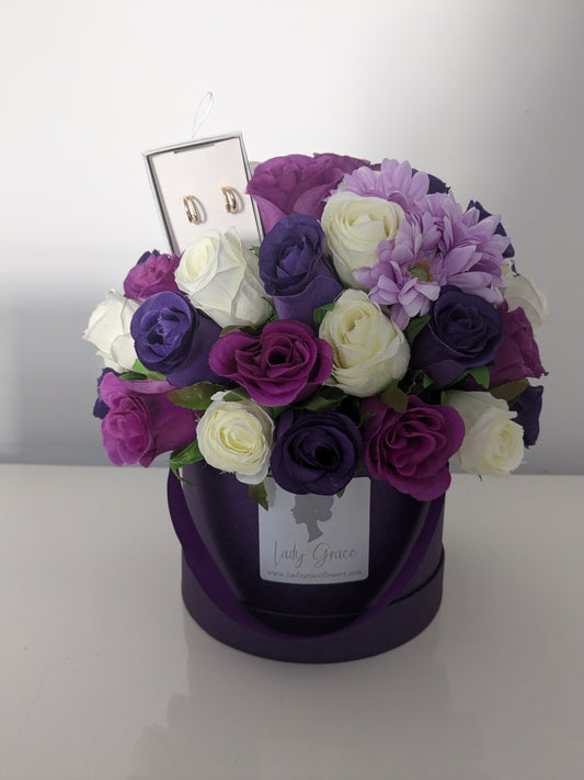 Purple Hat Box of Joy Earrings Silk Flowers Gift