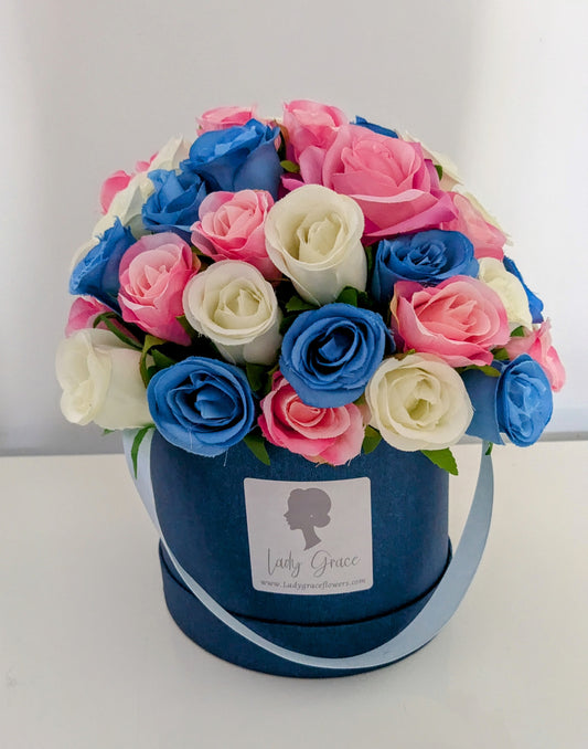 Blue & Pink  Hat Box of Joy Silk Flowers Gift