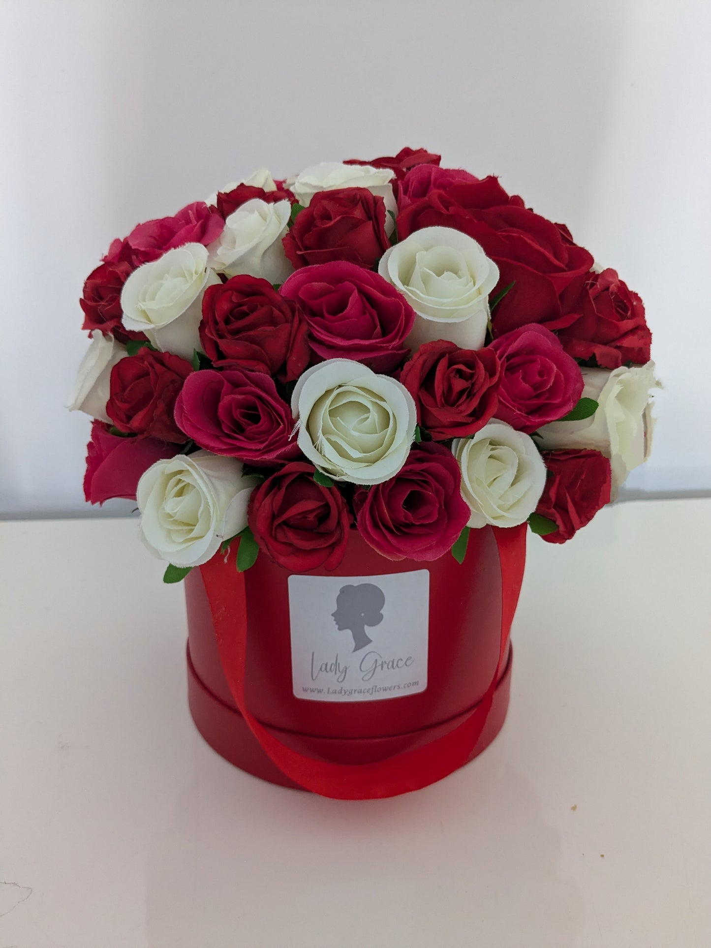Red & Cream Hat Box of Joy Silk Flowers Gift