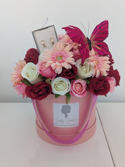 Pink & Red Hat Box of Joy Butterfly Silk Flowers Gift
