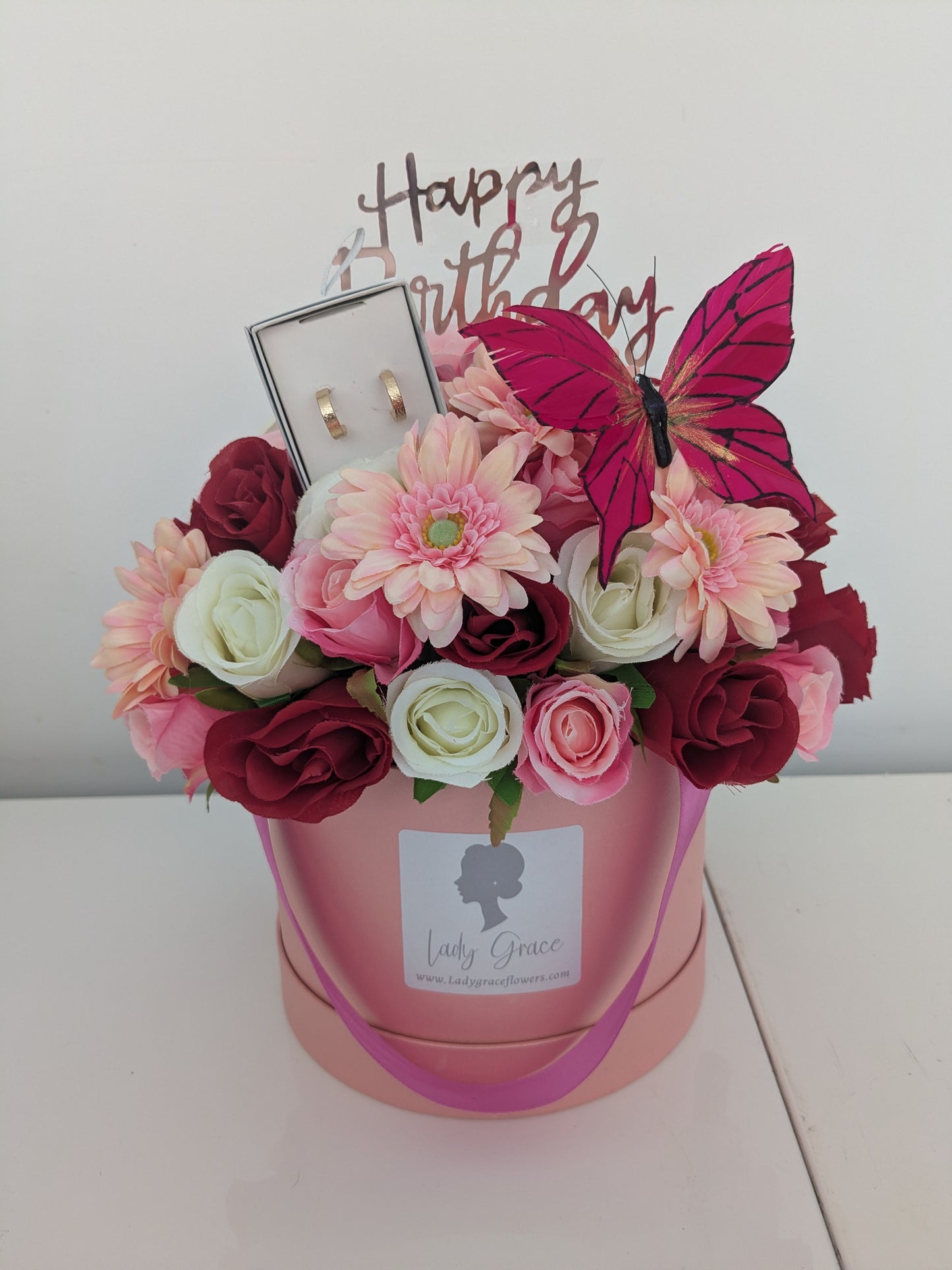 Birthday Pink & Red Hat Box of Joy Butterfly Silk Flowers Gift