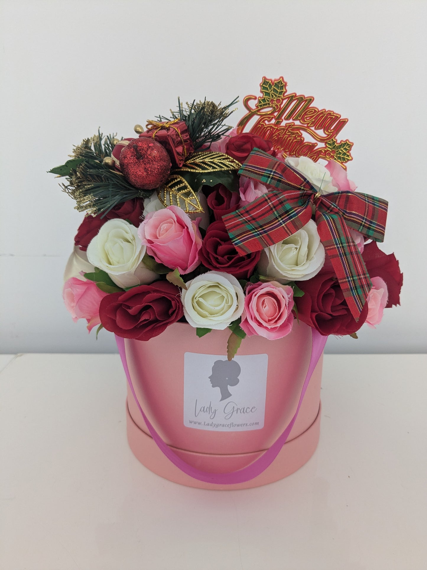 Christmas Pink & Red Hat Box of Joy Silk Flowers Gift